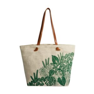 Jute Tote Bag - Green Leaf